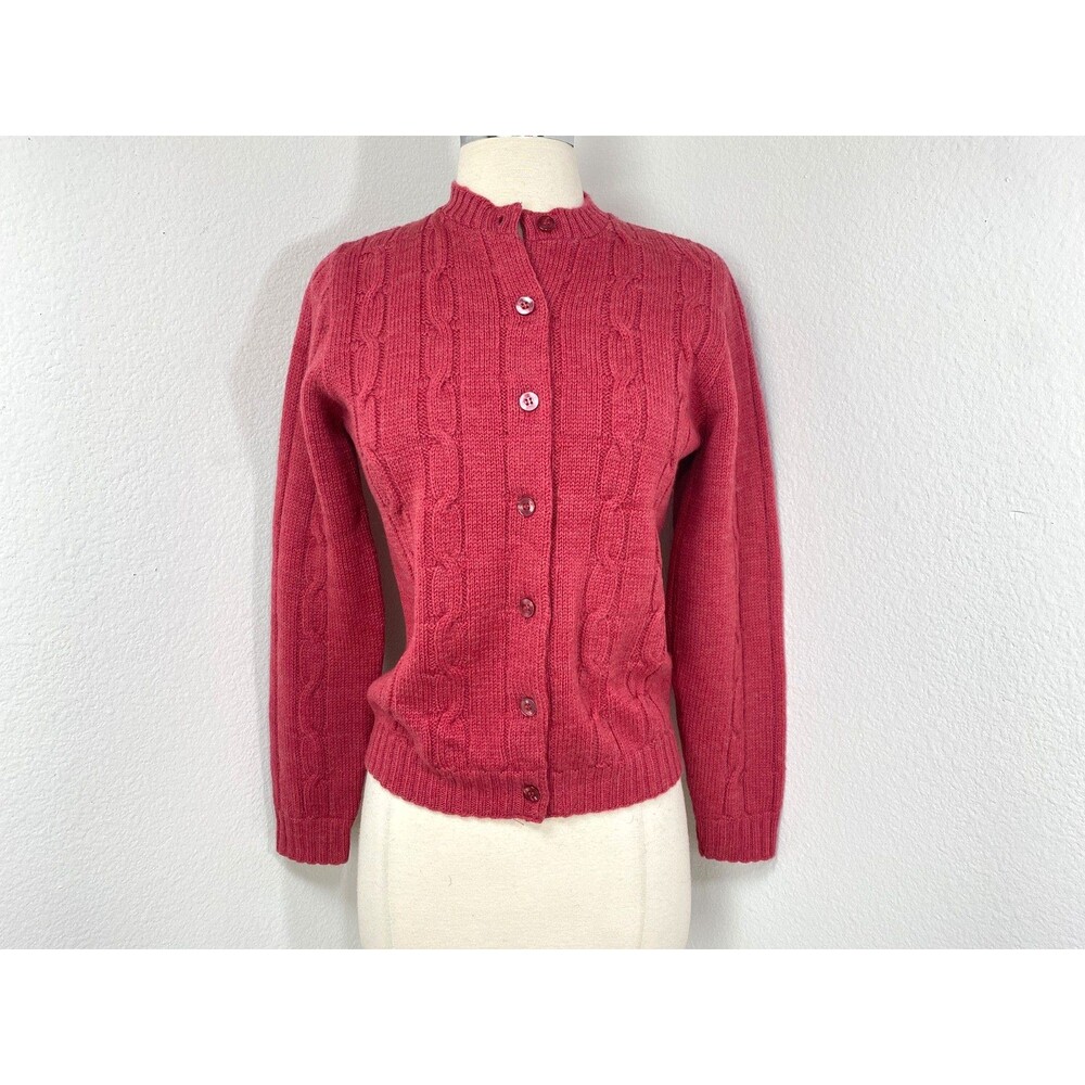 Vintage Gurian Coral Red Cable Knit Cardigan Sweater Button Front Med Rockabilly